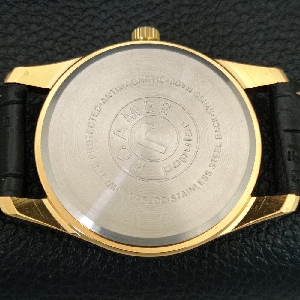 Vintage 1976 Roamer Manual Mens Gold Watch W/Leather Strap & White accents - Picture 8 of 9
